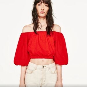 2/$30 Zara - Red Off-Shoulder Crop Top Blouse with Puff Sleeves Size M